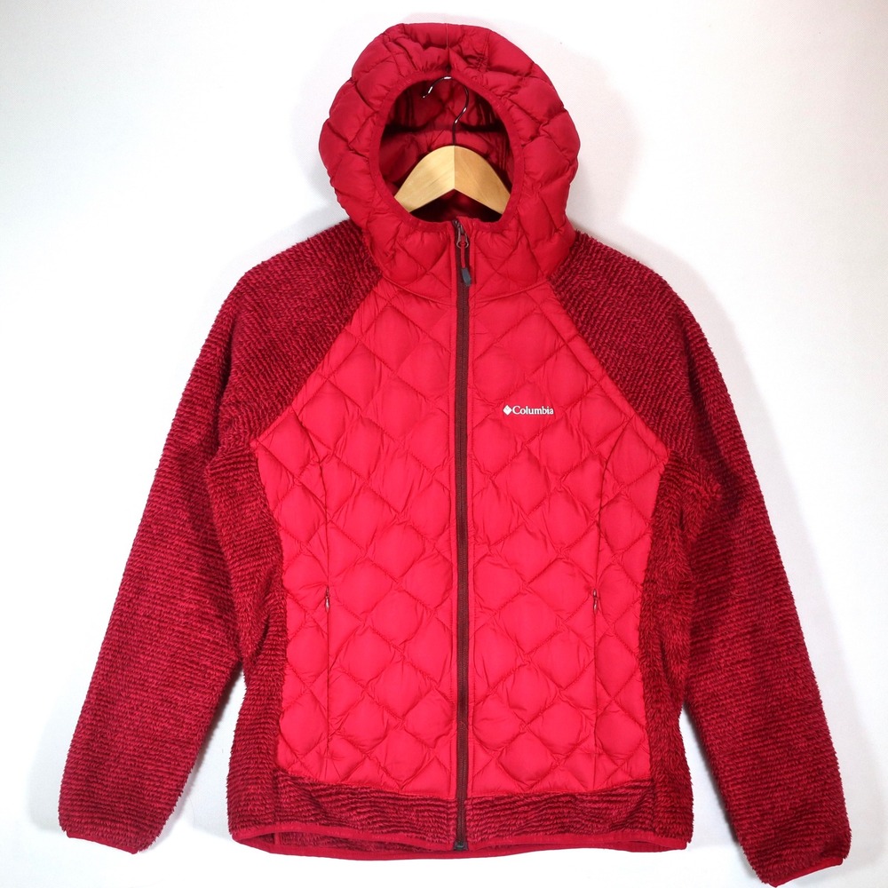 Columbia Hybrid Jacket Women Medium Red Quilted Fleece Hooded Outdoor Hiking